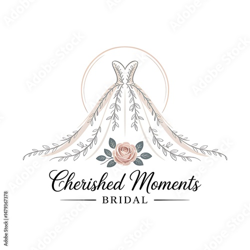 Elegant line art wedding dress logo with delicate floral accents for bridal business branding identity