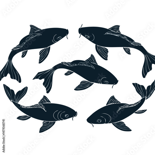 Set of silhouettes of black koi fish vector graphic design