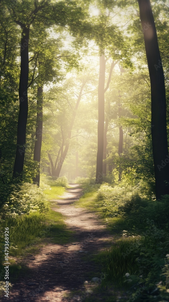 Obraz premium Sunlit Green and Golden Forest Path Through Lush Woodland