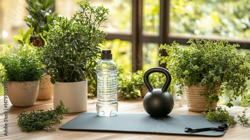 Home gym essentials, water bottle, kettlebell, and plants