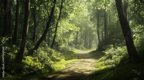 Sunlit Green and Golden Forest Path Through Lush Woodland