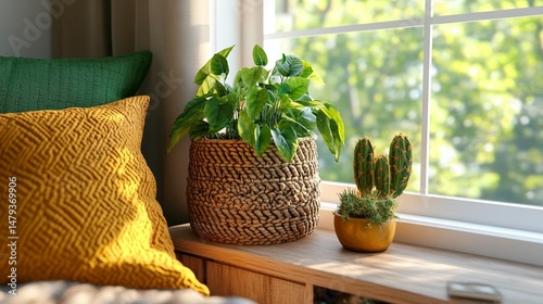 Indoor plants on a windowsill, next to colorful cushions, bathed in sunlight