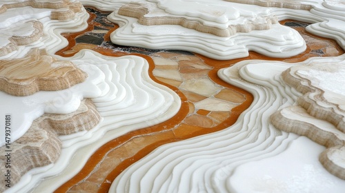 Intricate, layered relief map design, showcasing sculpted white and tan shapes, resembling terrain