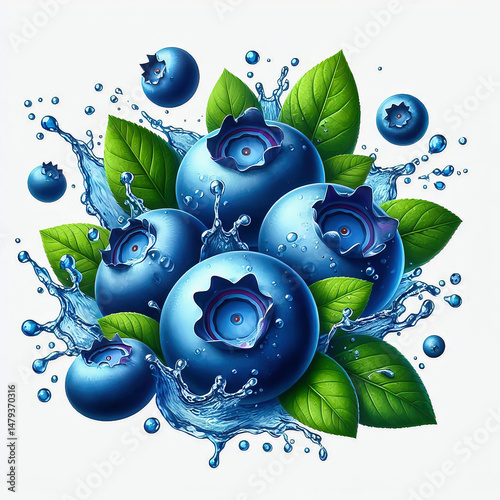 Blueberries with green leaves and drops of water in dynamic movement, fresh fruit