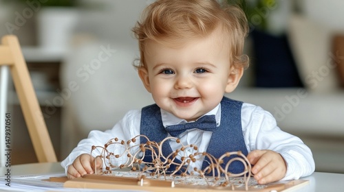 Joyful baby boy playing with a wooden toy.  He's wearing a formal outfit