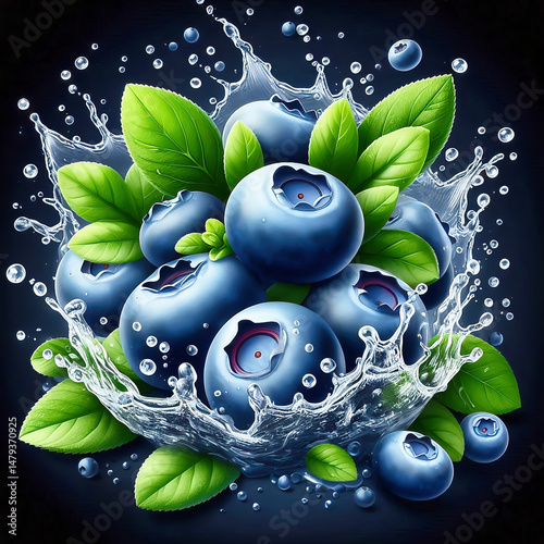Blueberries with green leaves and drops of water in dynamic movement, fresh fruit