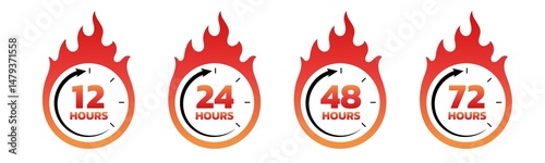 Set of fiery countdown timer icons for urgent delivery or sale: 12, 24, 48, and 72 hours. Ideal for marketing, ecommerce, and fast service promotions. Vector illustration in red-orange flame style.