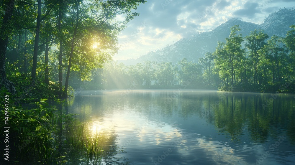 Obraz premium Tranquil lake nestled in a lush forest at dawn, sunbeams through trees