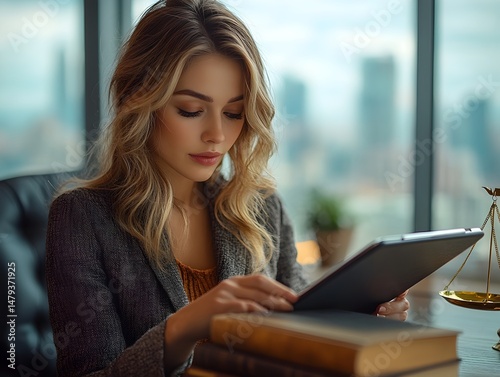 Free Download a professional female lawyer in a sleek, modern office using a digital tablet beside a law book. glass desk with cityscape view in background.  - GFXLoad