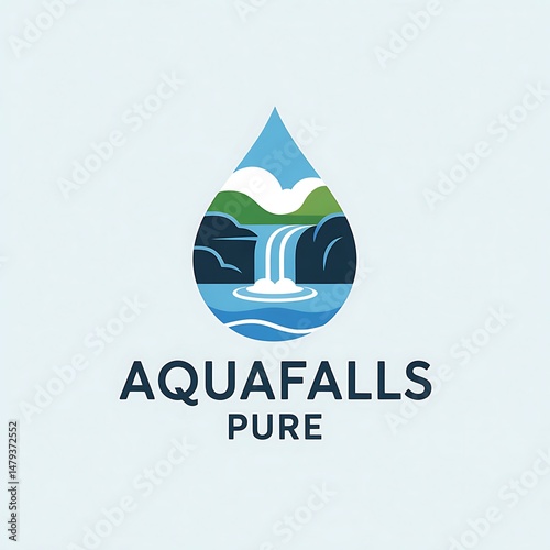 Modern clean graphic logo featuring a stylized waterfall landscape inside a water droplet symbol