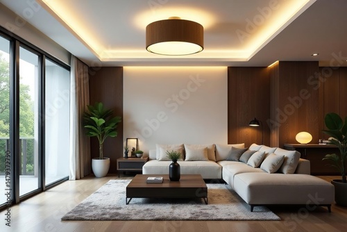 Modern minimalist ceiling light fixture illuminates a contemporary living room, showcasing its sleek design , house, lamp