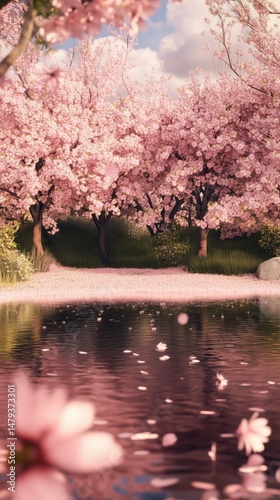 Blush Pink Cherry Blossom Framed Lake at Sunrise – Greeting Card Background