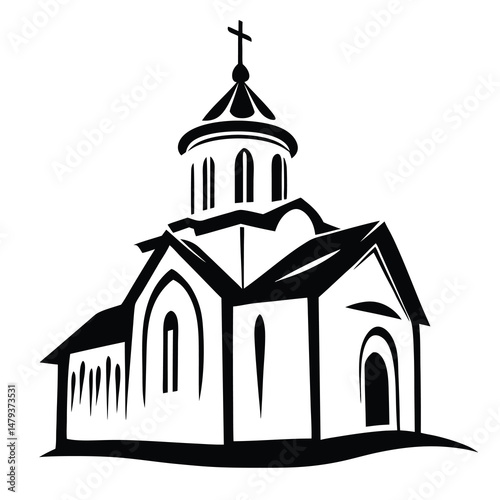 Stylized Black and White Illustration of a Church Building with a Dome and Cross