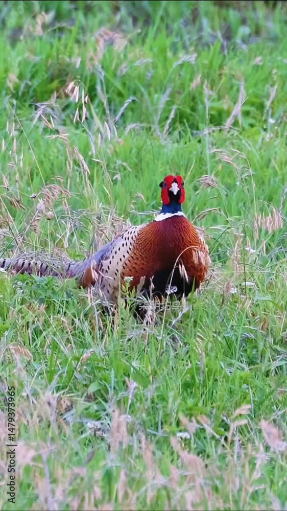 Beautiful pheasant hidden in the lush green grass.

