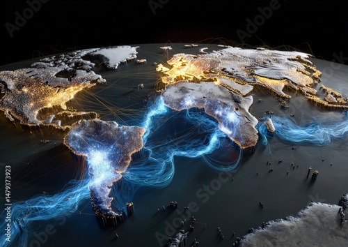 Illuminated world map with vibrant energy connections.