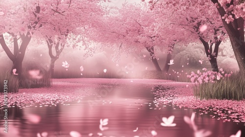 Blush Pink Cherry Blossom Framed Lake at Sunrise – Greeting Card Background