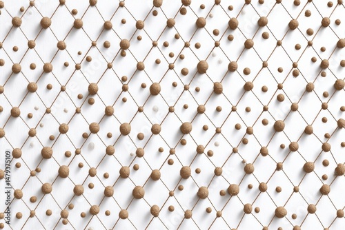Abstract background with a geometric pattern of brown spheres connected by thin lines on a white surface. Minimalist design with a subtle, elegant feel.
