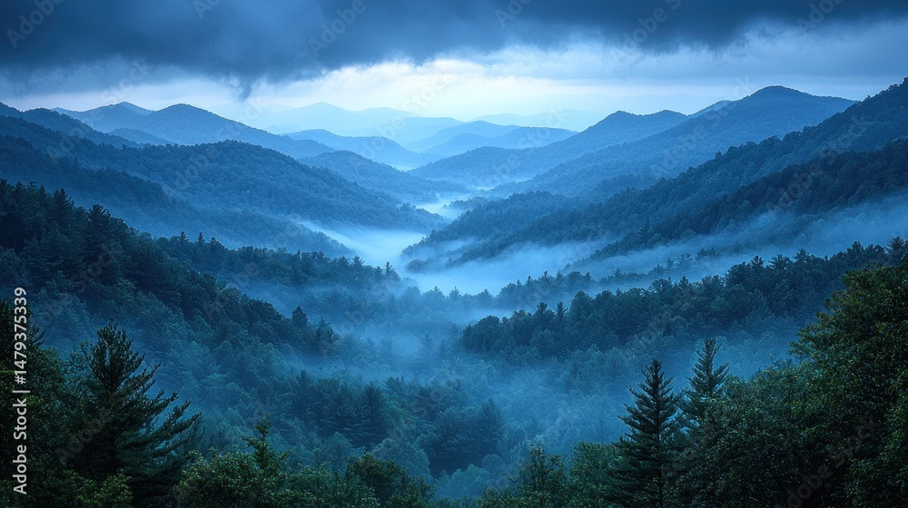 Obraz premium Misty mountain valley at twilight