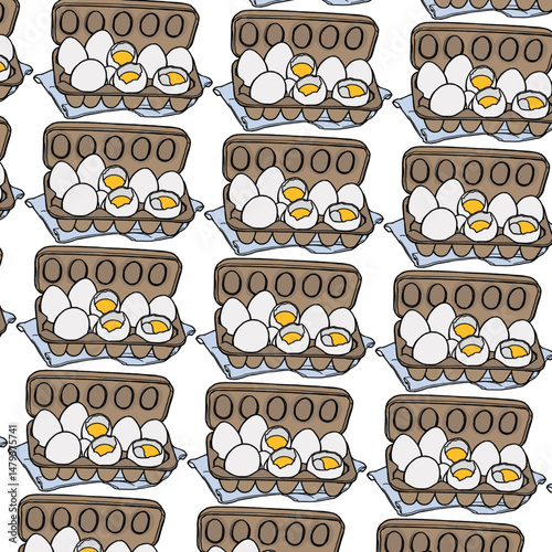 Chicken eggs in packaging. Fresh brown eggs in paper box, container. Fresh raw eggs whole and broken in white and yellow. Vector illustration. Flat cartoon style. Breakfast, organic farm food concept.