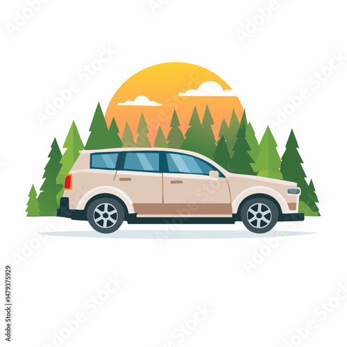 Red Car in a Natural Landscape with Trees and Sun