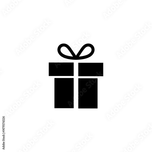 Simple black vector icon of a gift box with ribbon, representing a present or surprise