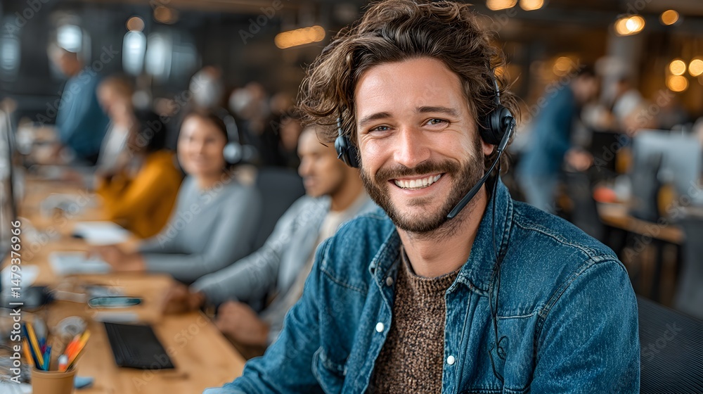 Fototapeta premium A smiling customer service representative wea a headset sits at his desk in a busy modern office environment providing excellent support.