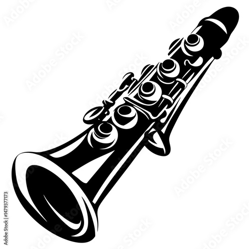 Stylized Black and White Illustration of a Clarinet Musical Instrument