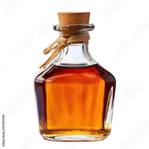 Amber liquid in a glass bottle with a cork stopper