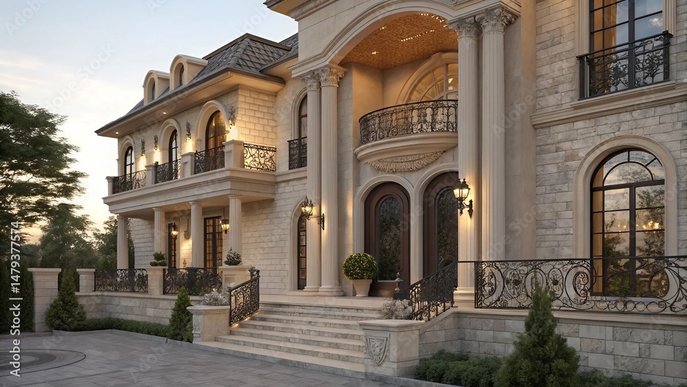 Fototapeta premium Elegant Classic House Facade with Columns and Arches