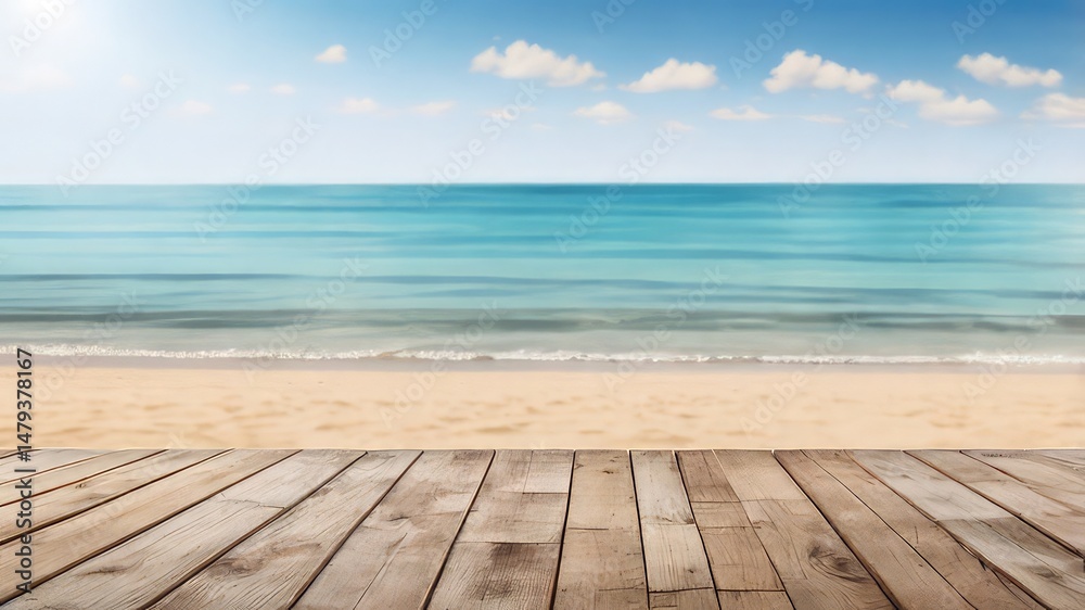Fototapeta premium Beach scene with wooden decking providing a textured foreground on a sunny summer day