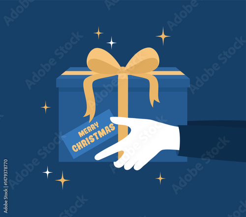 Hands in white gloves holding a gift box tied with a ribbon, with a Merry Christmas card on it, side view. Flat vector illustration