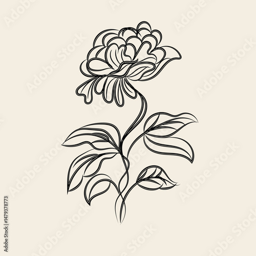 Elegant Black Line Art Floral Illustration of a Single Flower with Leaves