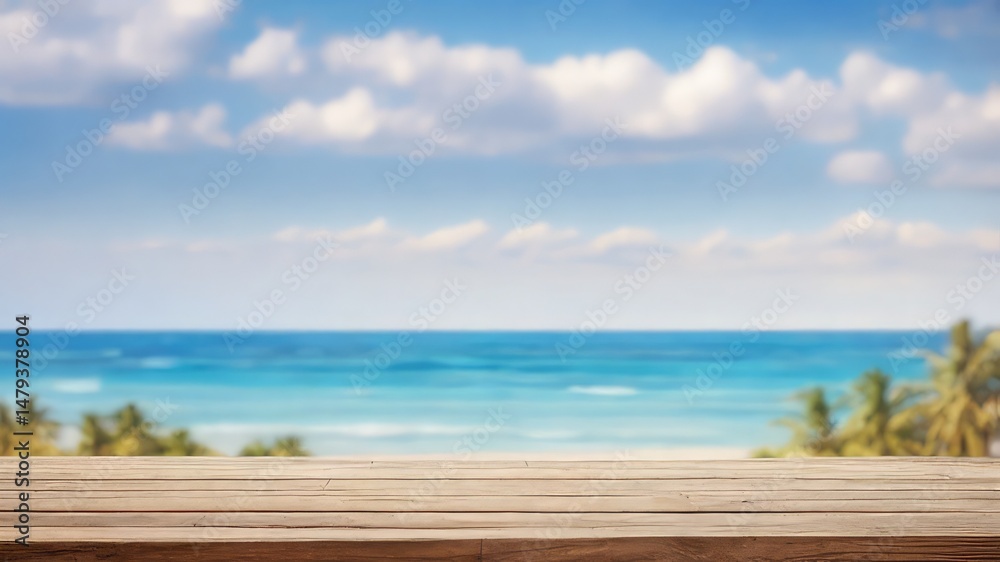 Fototapeta premium Wooden tabletop with ocean background tropical beach scene for product display and presentation