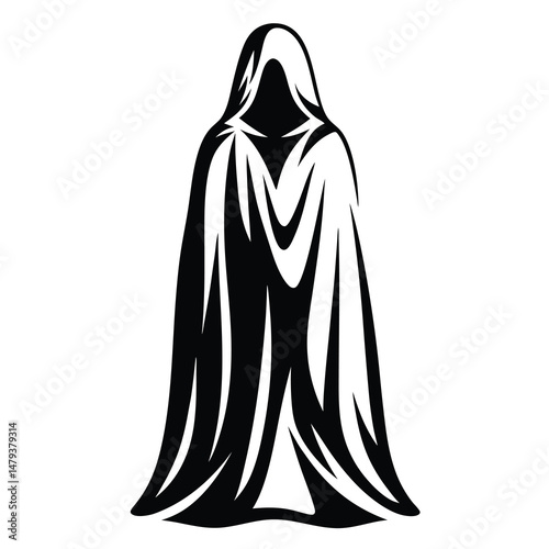 Mysterious Figure in a Long Black Hooded Cloak Back View Illustration Graphic Design