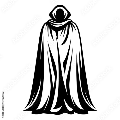 Mysterious Figure in a Long Hooded Cloak Back View Graphic Design Illustration