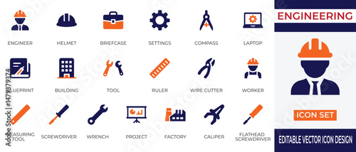 A collection of  flat vector icons related to engineering and industrial design. This set includes icons of engineer, safety helmet, blueprint, compass, factory, wrench, screwdriver, caliper, drafting