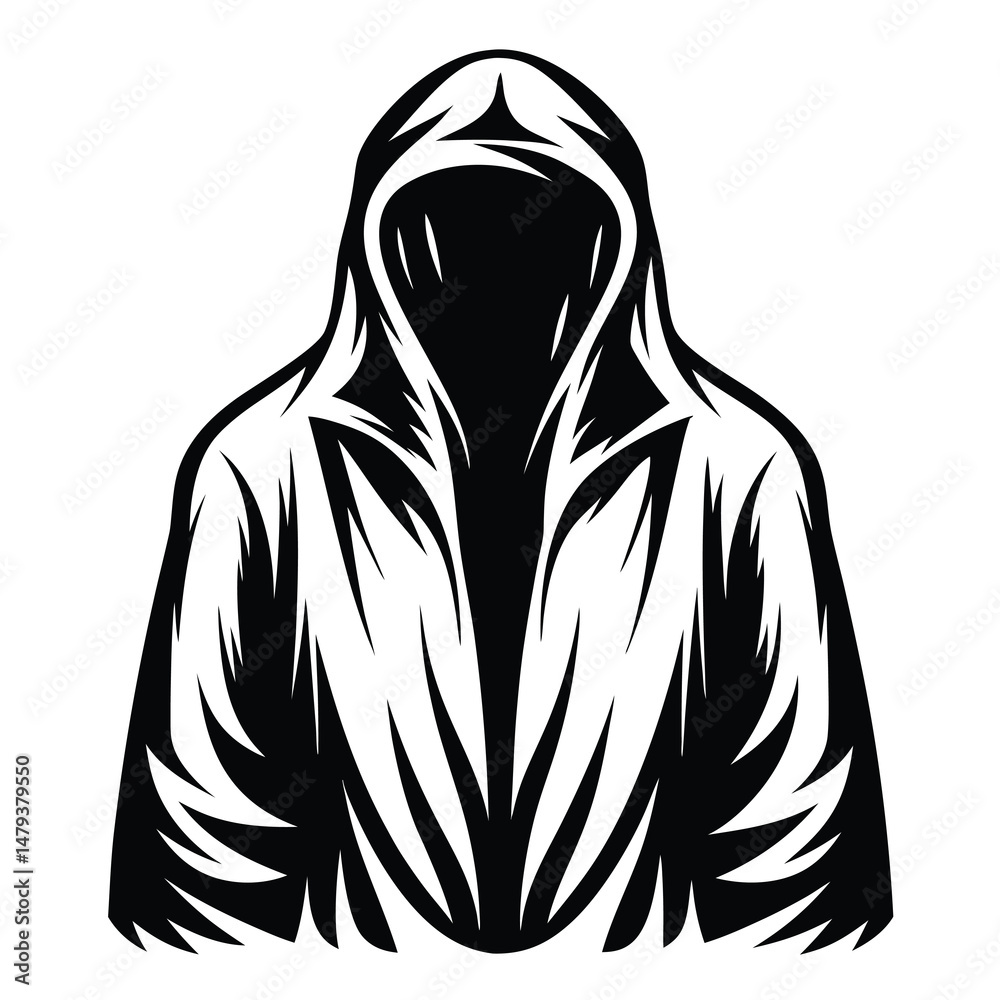 Mysterious Figure in a Hooded Cloak A Black and White Illustration
