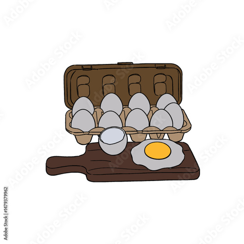Chicken eggs in packaging. Fresh brown eggs in paper box, container. Fresh raw eggs whole and broken in white and yellow. Vector illustration. Flat cartoon style. Breakfast, organic farm food concept.