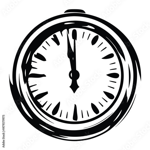 A Striking Black and White Illustration of a Pocket Watch Showing Midnight