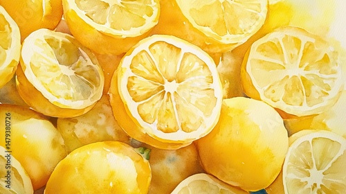 Watercolor illustration featuring numerous whole and sliced lemons arranged closely on soft yellow wash background, emphasizing freshness and vibrant color of citrus fruit