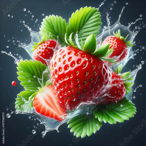 Fresh strawberry with green leaves, surrounded by splashing water. Vibrant colors