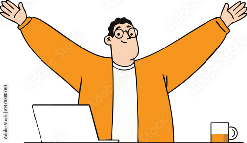Happy man celebrating success with arms outstretched while working on laptop.