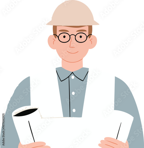 An architect, wearing a helmet, confidently holds blueprints, embodying professionalism and a dedication to precision and planning.