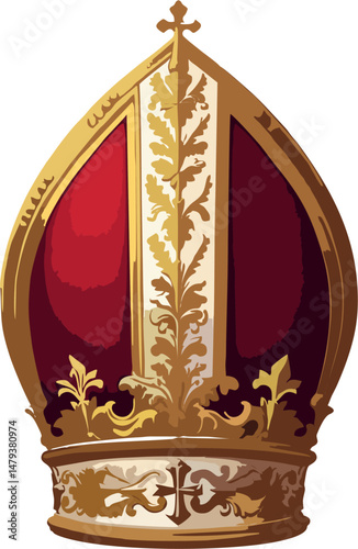 Luxury Papal Mitre Vector Illustration with Ornate Gold Embellishments and Cross – Catholic Bishop Hat for Religious Ceremonies and Ecclesiastical Design