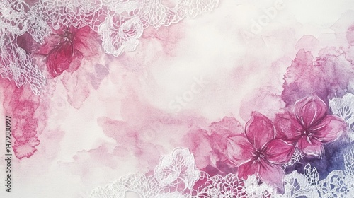 Watercolor illustration featuring pink and purple flowers intertwined with delicate white lace details on soft blended background. Themes of romance, femininity or delicate beauty