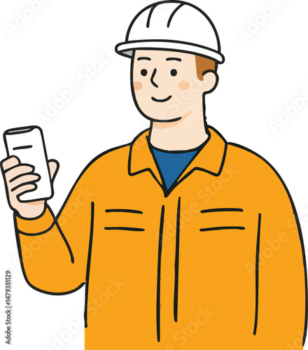 A construction worker, with a determined expression and a hard hat,  is holding a phone. The casual nature of the photo makes the image appealing and relatable.