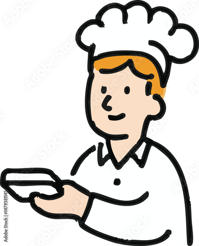 A friendly cartoon chef with a warm smile, dressed in a white chef's uniform and a tall white hat, proudly holds a plate ready to serve delicious food.  