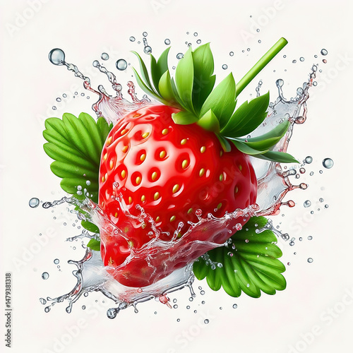 Fresh strawberry with green leaves, surrounded by splashing water. Vibrant colors