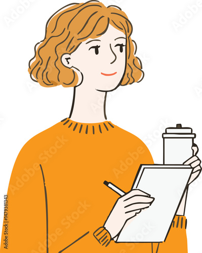 A woman holding a coffee cup and writing in a notebook, engaging in thoughtful introspection. 
