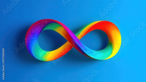 A 4K photo of colorful rainbow infinity symbol on blue background. Vibrant colors create endless loop. Modern design for autism awareness. Design neurodiversity. Perfect for.